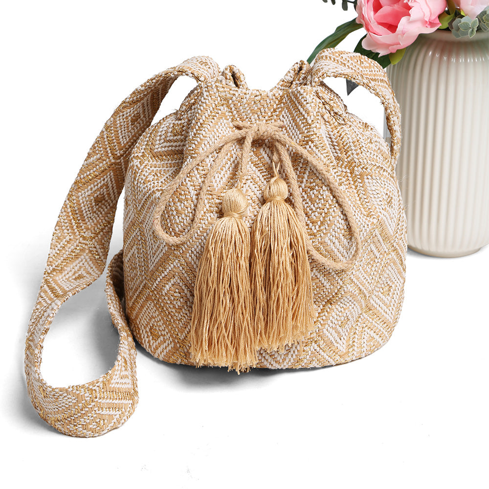 Madeline Love Beige Boho Tribal Pattern Woven Tassel Drawstring Bucket Bag - Bags & Wallets - extra