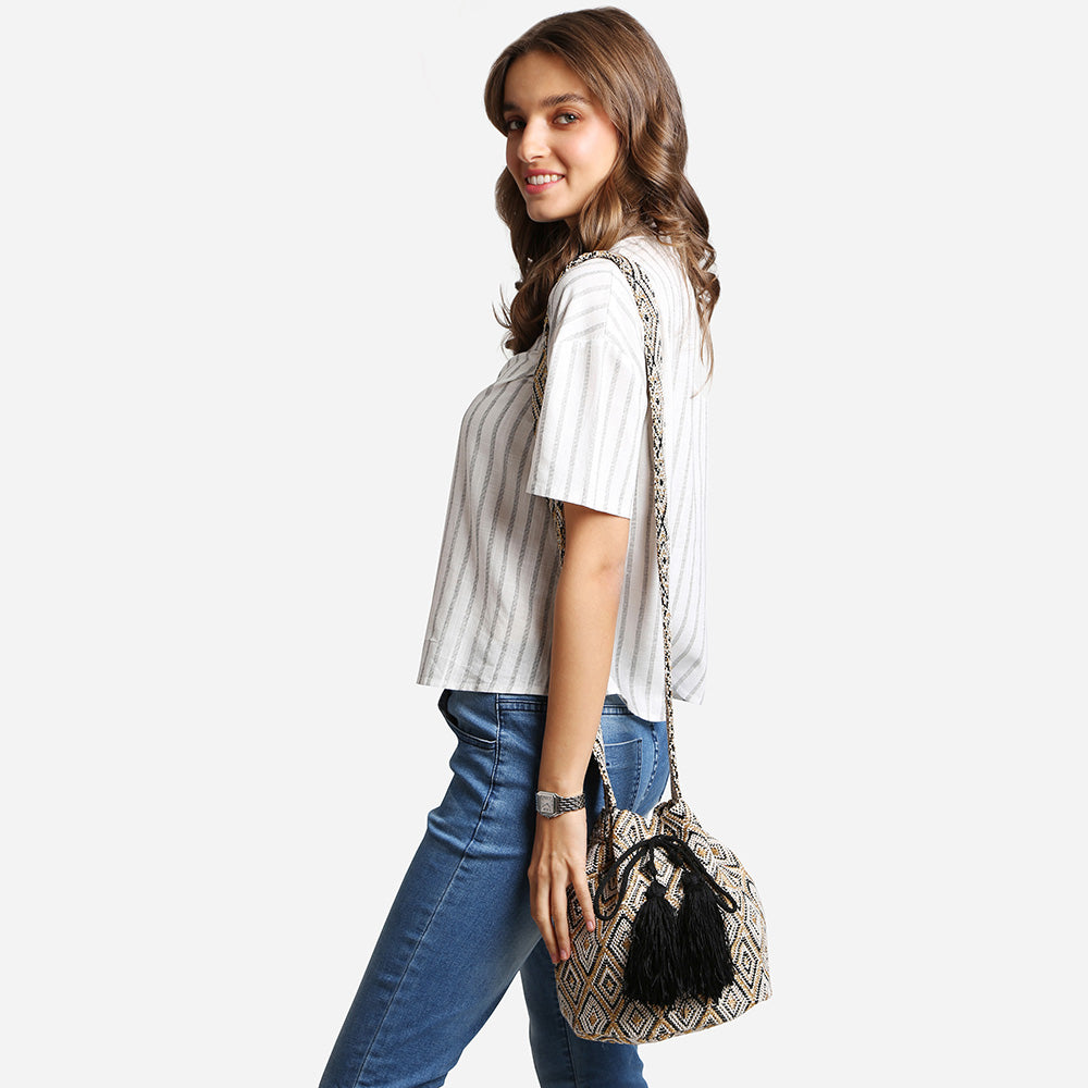 Madeline Love Black Boho Tribal Pattern Woven Tassel Drawstring Bucket Bag - Bags & Wallets - desc