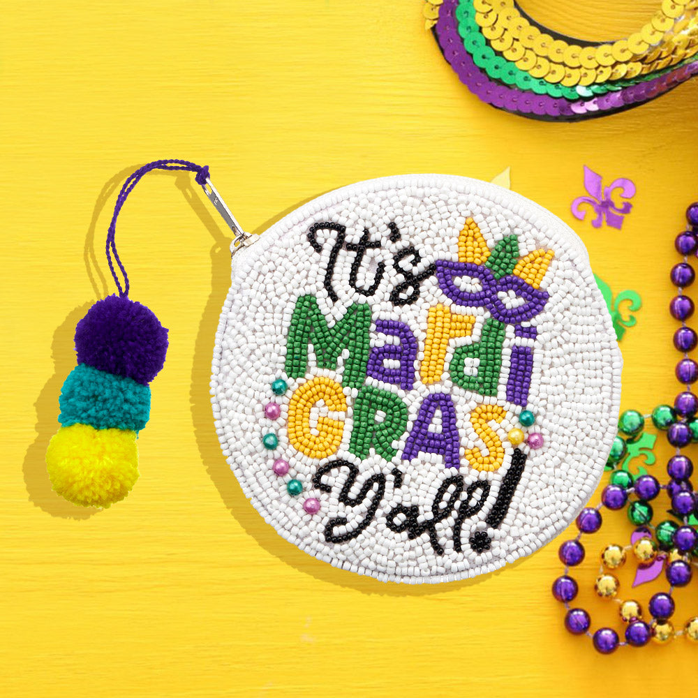 Multi Seed Beaded It's Mardi Gras Y'all! Message Circle Pom Pom Mini Pouch Bag