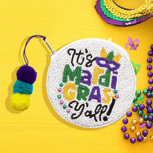 Multi Seed Beaded It's Mardi Gras Y'all! Message Circle Pom Pom Mini Pouch Bag