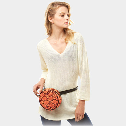 Madeline Love Black, Neon, Orange Snake Skin Print Round Crossbody Bag / Belt Bag - Bags & Wallets