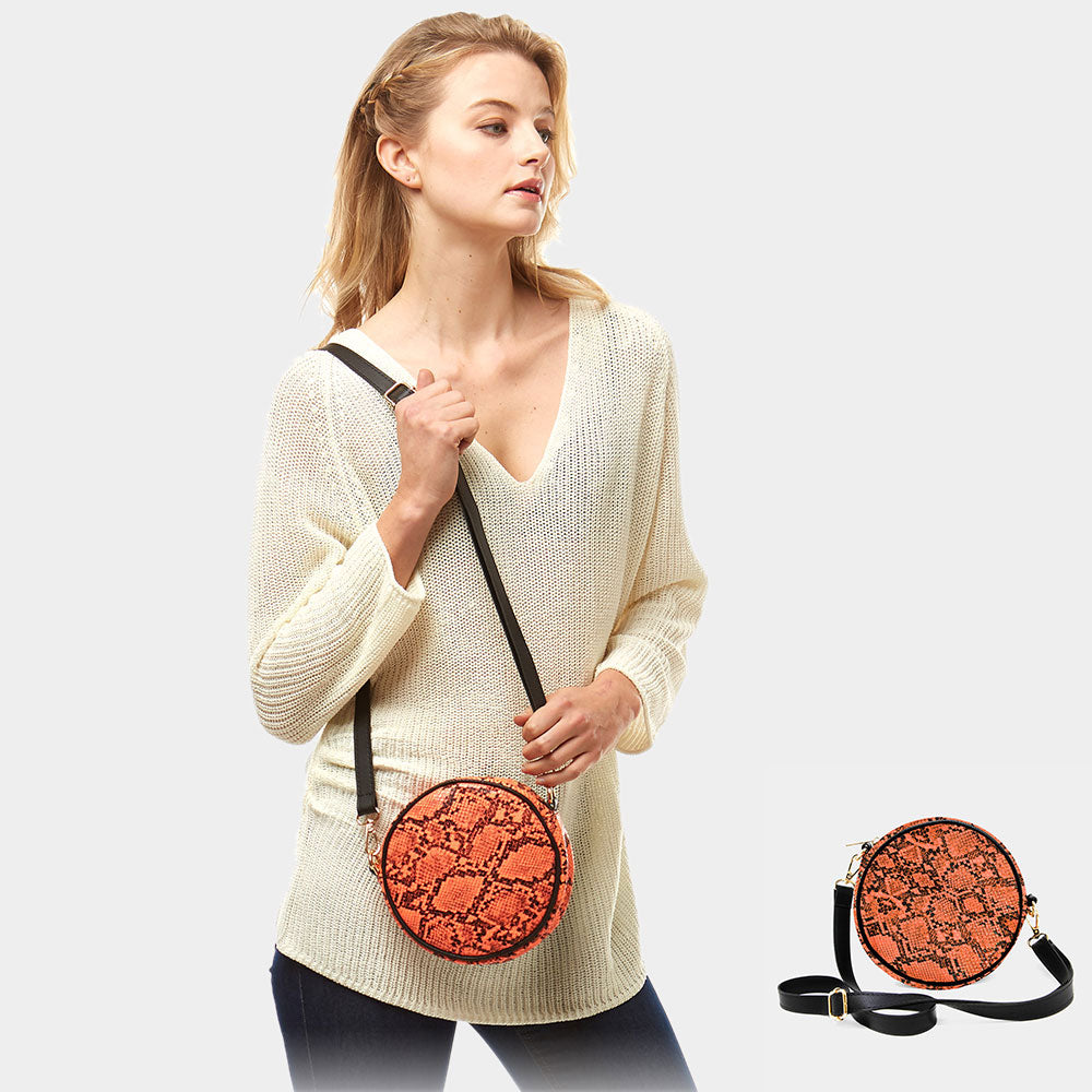 Madeline Love Black, Neon, Orange Snake Skin Print Round Crossbody Bag / Belt Bag - Bags & Wallets - desc