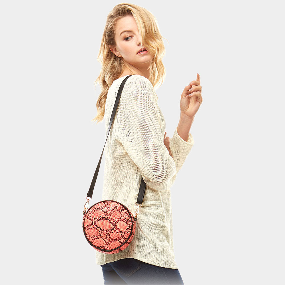 Madeline Love Black, Neon, Pink Snake Skin Print Round Crossbody Bag / Belt Bag - Bags & Wallets