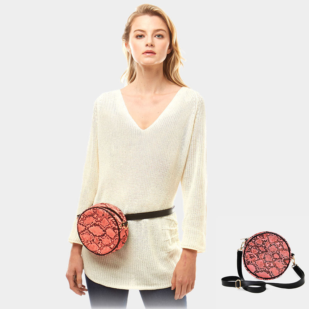Madeline Love Black, Neon, Pink Snake Skin Print Round Crossbody Bag / Belt Bag - Bags & Wallets - desc