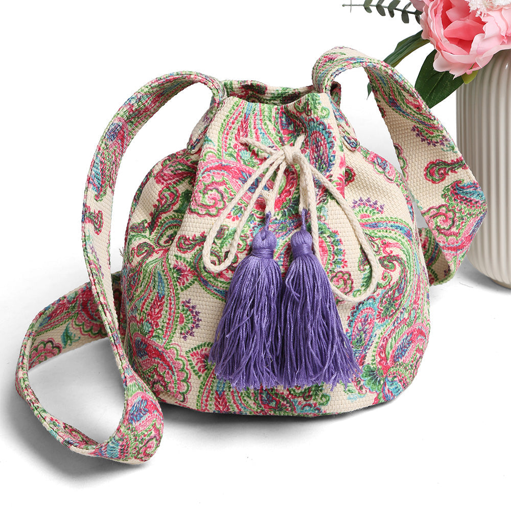 Madeline Love Purple Boho Paisley Pattern Woven Tassel Crossbody Bucket Bag - Bags & Wallets - extra