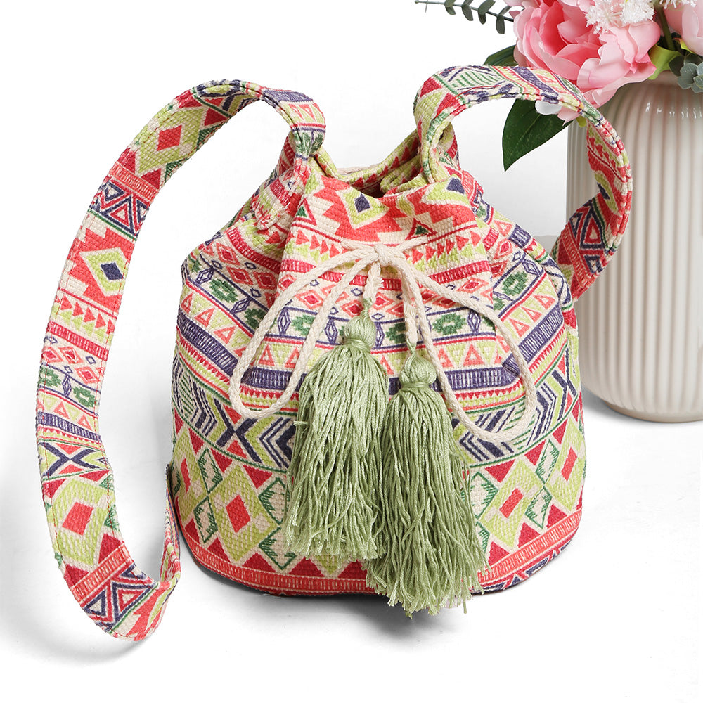 Madeline Love Red Boho Tribal Pattern Woven Tassel Crossbody Bucket Bag - Bags & Wallets - extra