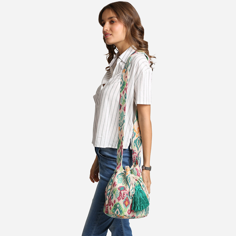 Madeline Love Turquoise Boho Ikat Pattern Woven Tassel Crossbody Bucket Bag - Bags & Wallets - desc