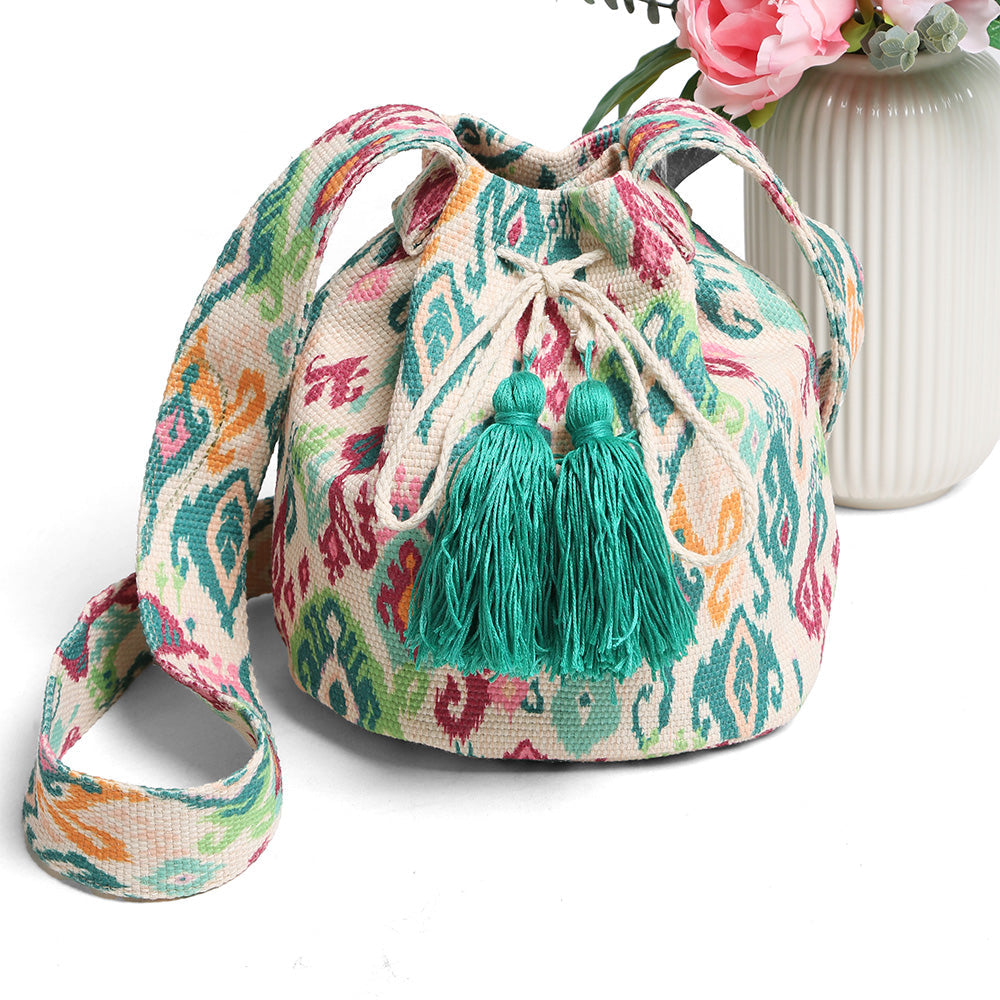 Madeline Love Turquoise Boho Ikat Pattern Woven Tassel Crossbody Bucket Bag - Bags & Wallets - extra