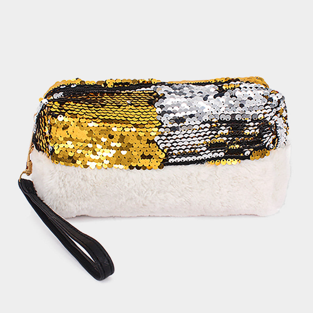 Madeline Love Gold, Silver Reversible Sequin Soft Fur Wristlet Pouch Bag - Bags & Wallets