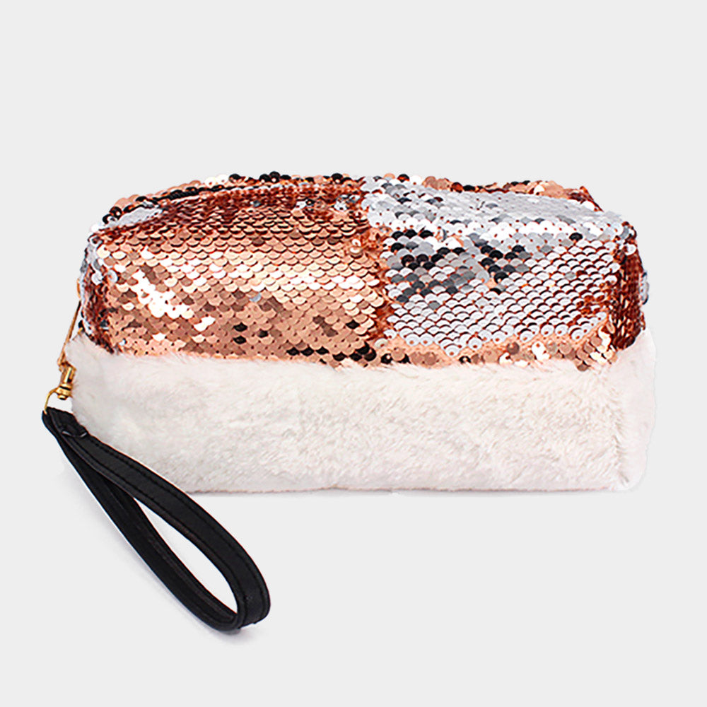 Madeline Love Rose Gold , Silver Reversible Sequin Soft Fur Wristlet Pouch Bag - Bags & Wallets
