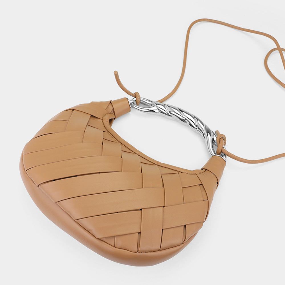 Madeline Love Khaki Faux Leather Braided Metal Top Handle Dumpling Handbag / Crossbody Bag - Bags & Wallets