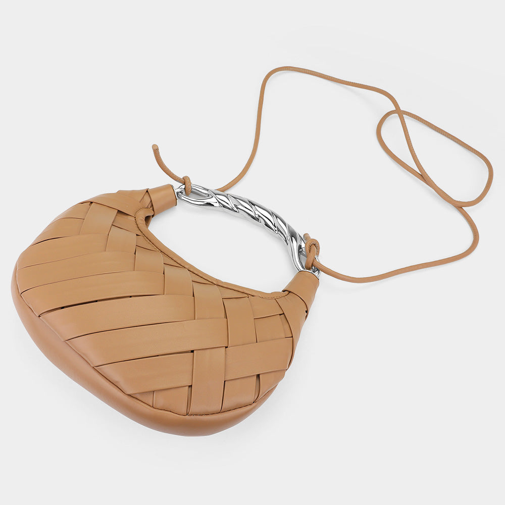 Madeline Love Khaki Faux Leather Braided Metal Top Handle Dumpling Handbag / Crossbody Bag - Bags & Wallets - desc