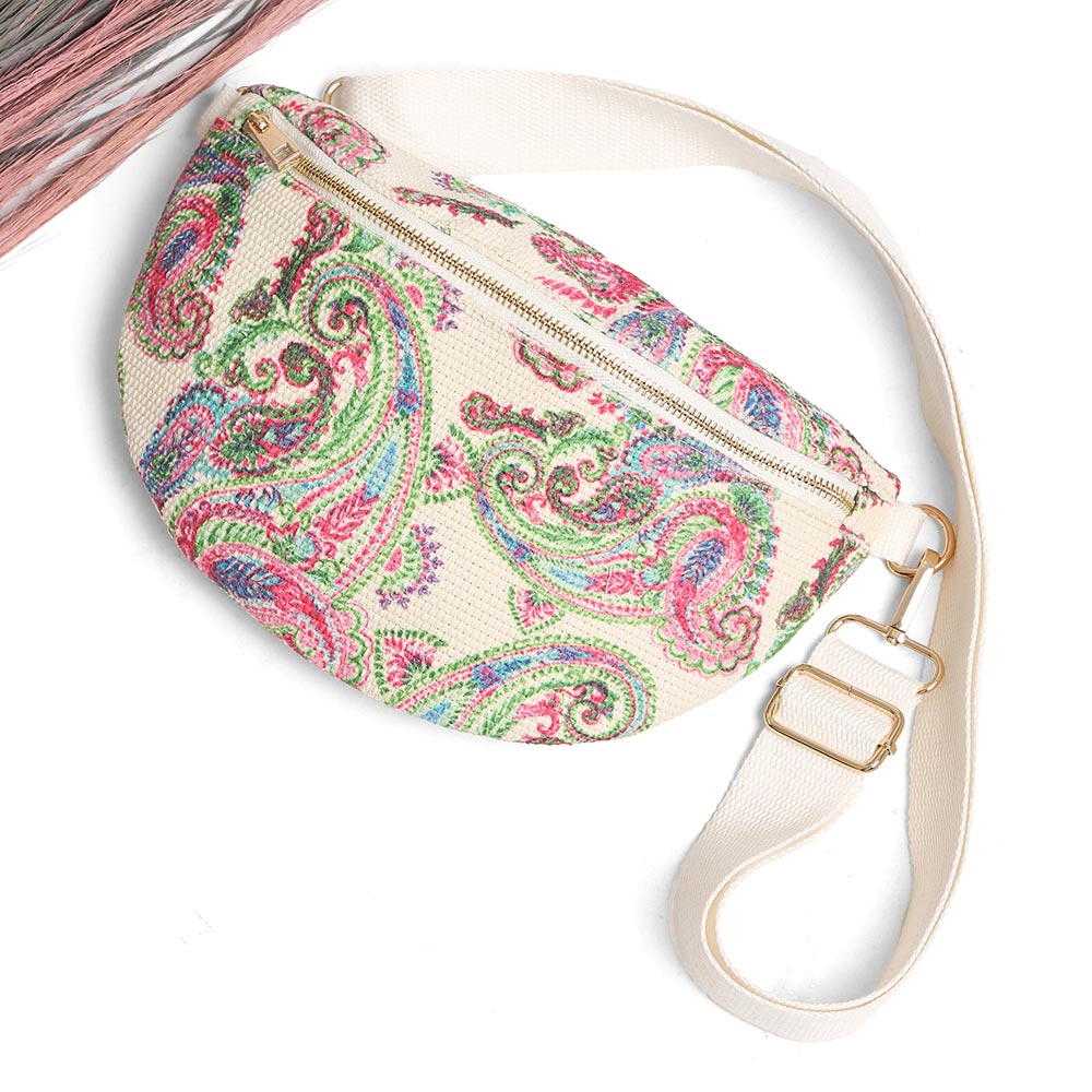 Madeline Love Multi, Pink&Green Boho Abstract Pattern Embroidered Crossbody Belt Bag / Sling Bag / Fanny Pack - Bags & Wallets - desc