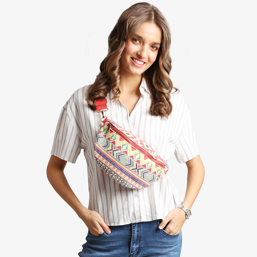 Madeline Love Multi, Red Boho Abstract Pattern Embroidered Crossbody Belt Bag / Sling Bag / Fanny Pack - Bags & Wallets