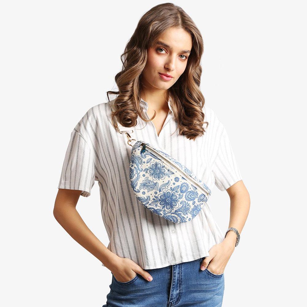 Madeline Love Blue Boho Abstract Pattern Embroidered Crossbody Belt Bag / Sling Bag / Fanny Pack - Bags & Wallets