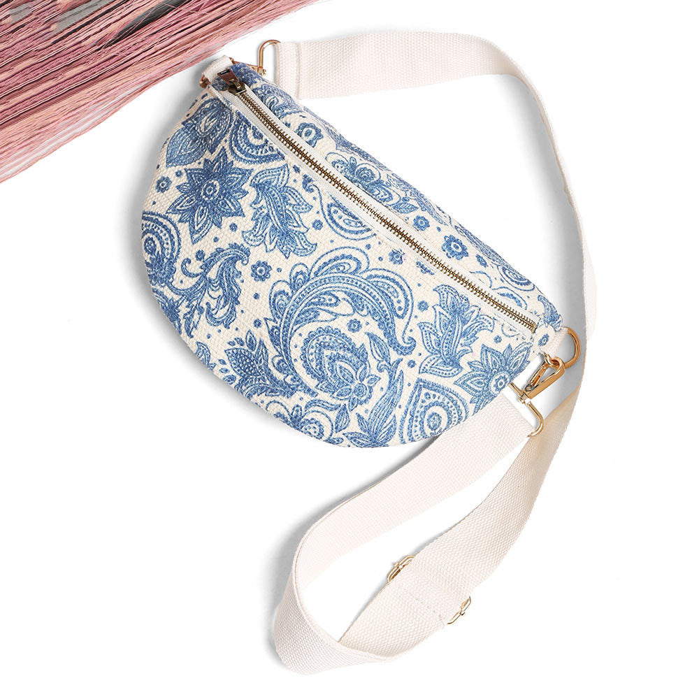 Madeline Love Blue Boho Abstract Pattern Embroidered Crossbody Belt Bag / Sling Bag / Fanny Pack - Bags & Wallets - desc