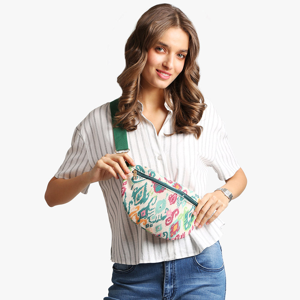 Madeline Love Green, Multi Boho Abstract Pattern Embroidered Crossbody Belt Bag / Sling Bag / Fanny Pack - Bags & Wallets