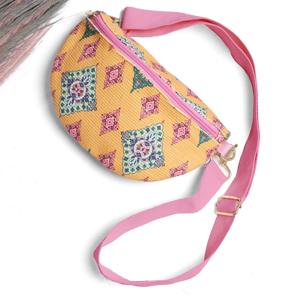 Madeline Love Pink, Yellow Boho Abstract Pattern Embroidered Crossbody Belt Bag / Sling Bag / Fanny Pack - Bags & Wallets