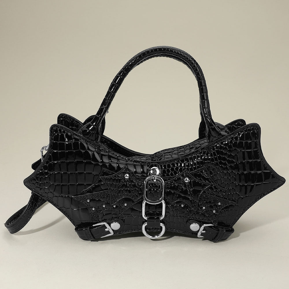 Black Faux Glossy Croc Leather Gothic Bag Crossbody Bag