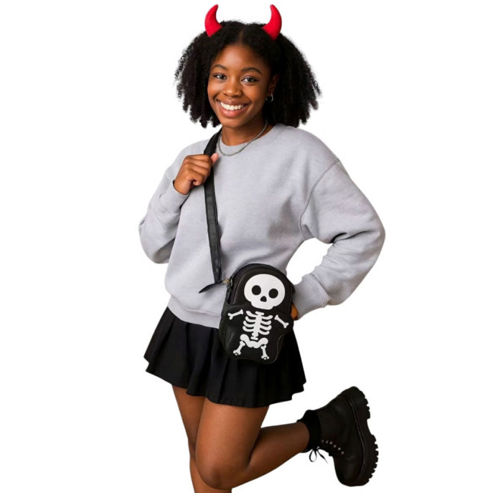 Madeline Love Black Faux Leather Cute Halloween Skeleton Crossbody Bag - Bags & Wallets - extra