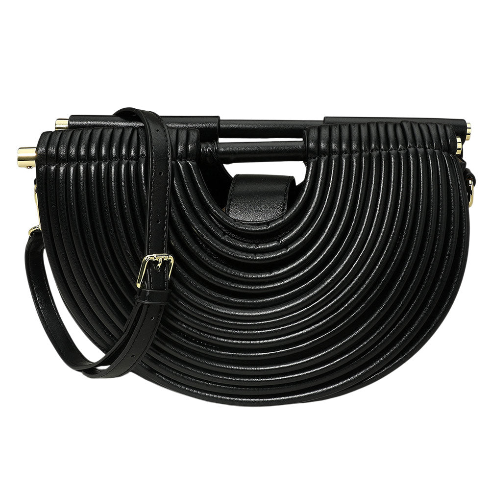Madeline Love Black Faux Leather Unique Half Moon Structured Handbag Crossbody Bag - Bags & Wallets - desc