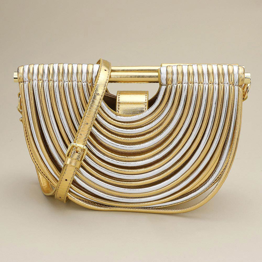 Madeline Love Gold, Silver Faux Leather Unique Half Moon Structured Handbag Crossbody Bag - Bags & Wallets