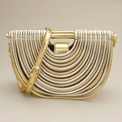 Madeline Love Gold, Silver Faux Leather Unique Half Moon Structured Handbag Crossbody Bag - Bags & Wallets