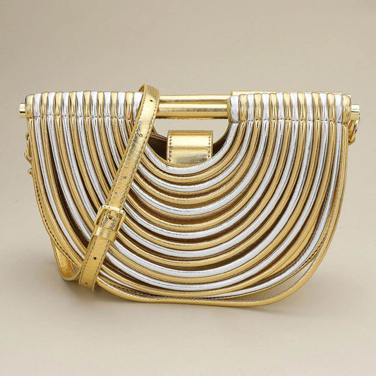 Madeline Love Gold, Silver Faux Leather Unique Half Moon Structured Handbag Crossbody Bag - Bags & Wallets