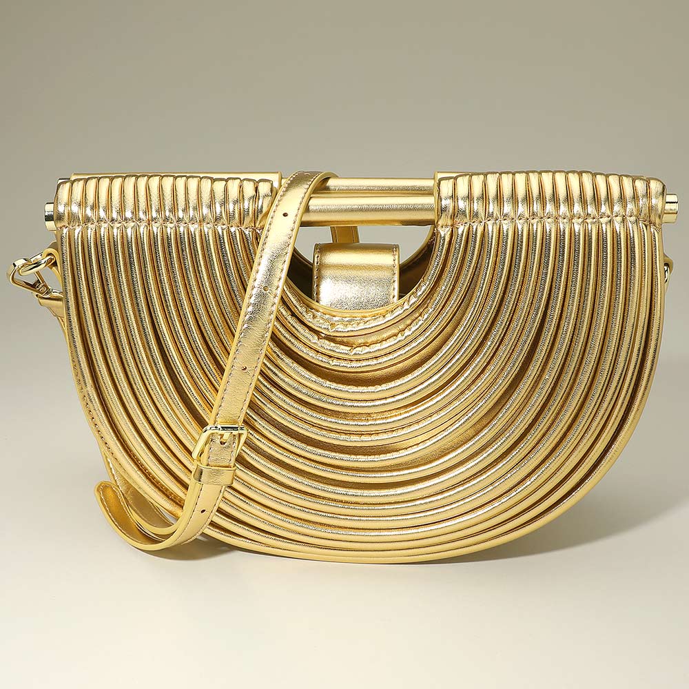 Madeline Love Gold Faux Leather Unique Half Moon Structured Handbag Crossbody Bag - Bags & Wallets