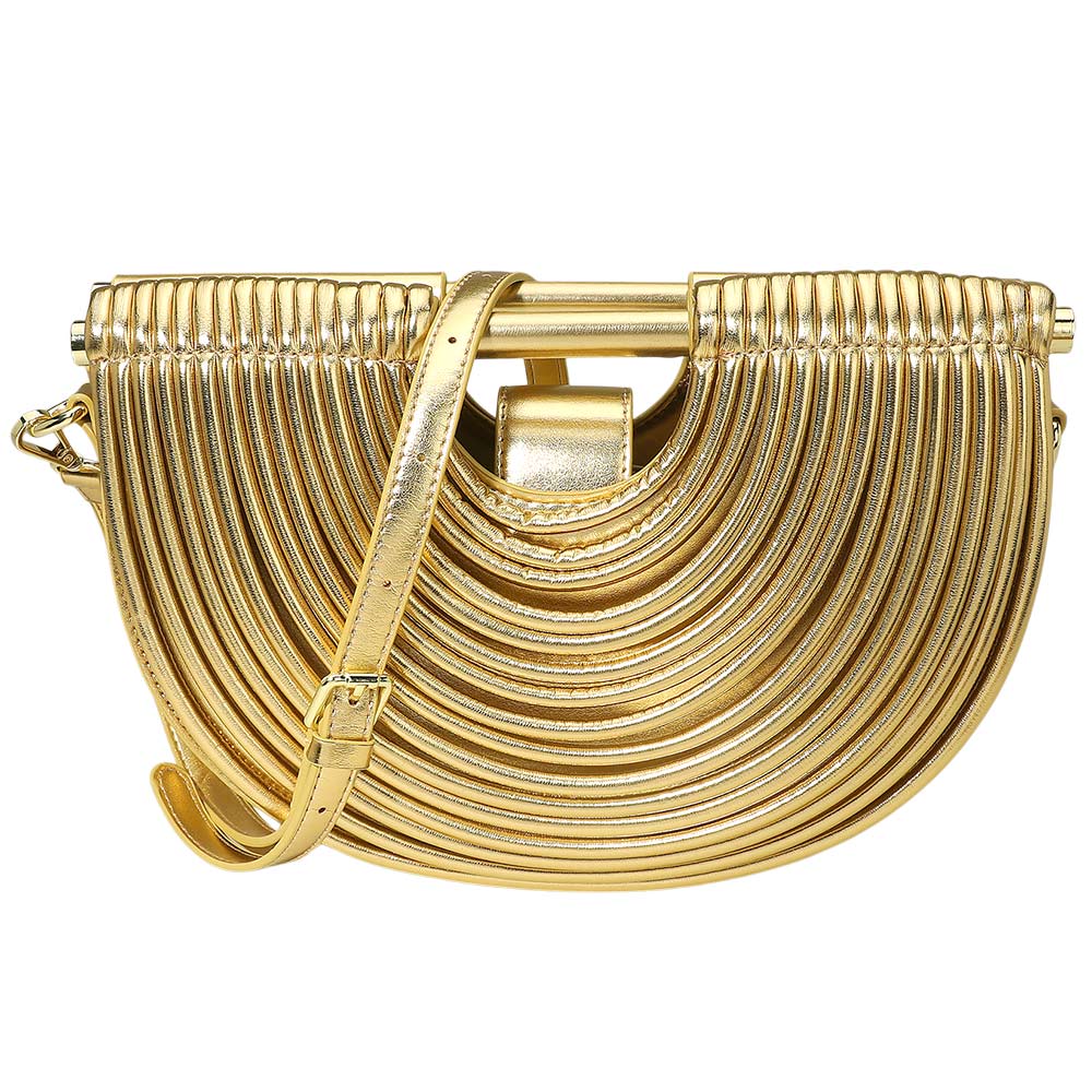 Madeline Love Gold Faux Leather Unique Half Moon Structured Handbag Crossbody Bag - Bags & Wallets - desc