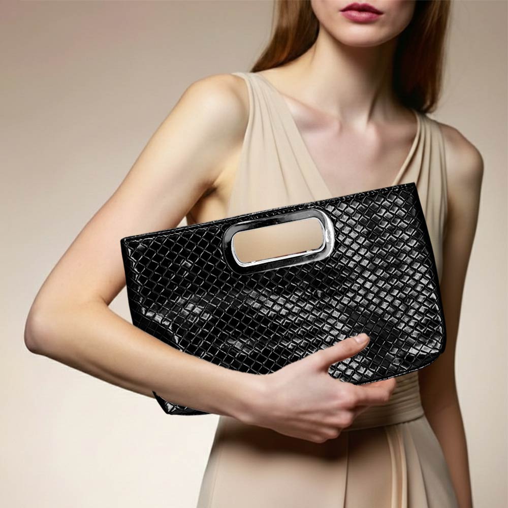 Madeline Love Black Faux Leather Braided Evening Clutch Crossbody Bag - Bags & Wallets