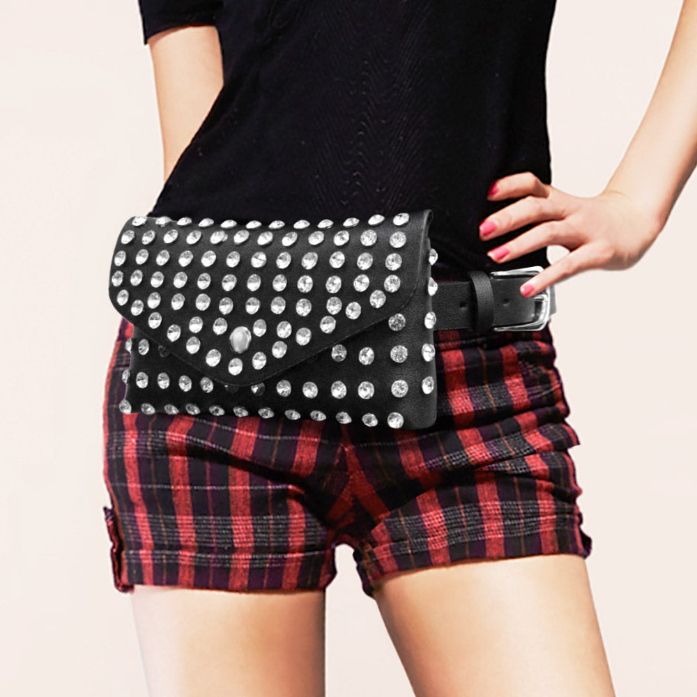 Madeline Love Black Studded Faux Leather Fanny Pack / Belt / Clutch Bag - Bags & Wallets