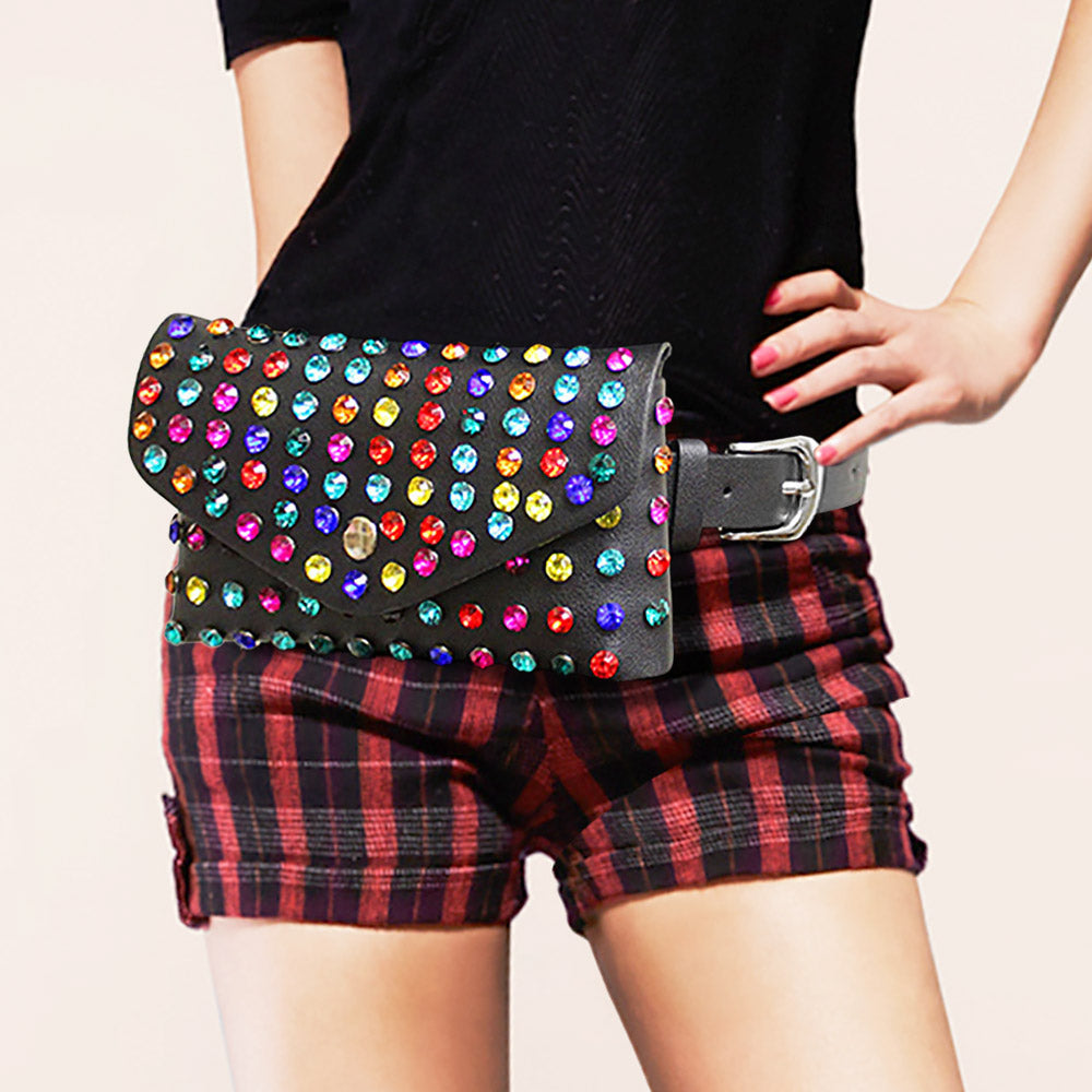 Madeline Love Black, Multi Studded Faux Leather Fanny Pack / Belt / Clutch Bag - Bags & Wallets