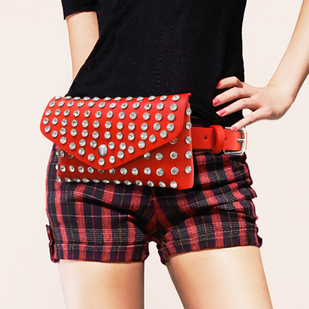 Madeline Love Red Studded Faux Leather Fanny Pack / Belt / Clutch Bag - Bags & Wallets