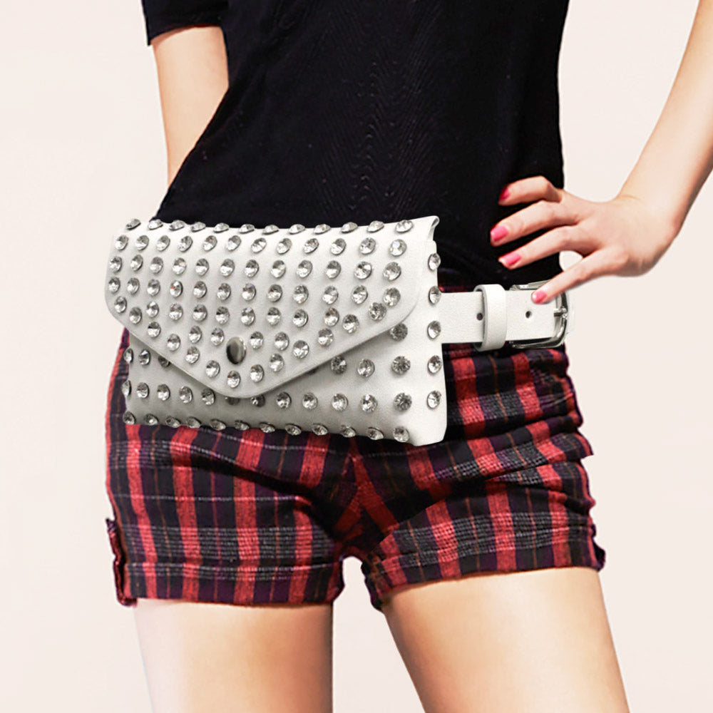 Madeline Love White Studded Faux Leather Fanny Pack / Belt / Clutch Bag - Bags & Wallets