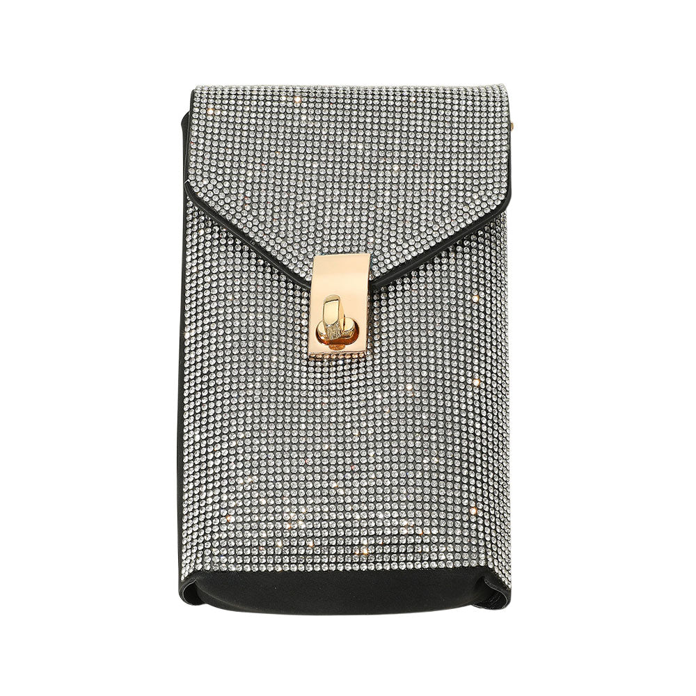 Madeline Love Clear, Gold Bling Studded Rectangle Flap Crossbody Cellphone Bag - Bags & Wallets - desc