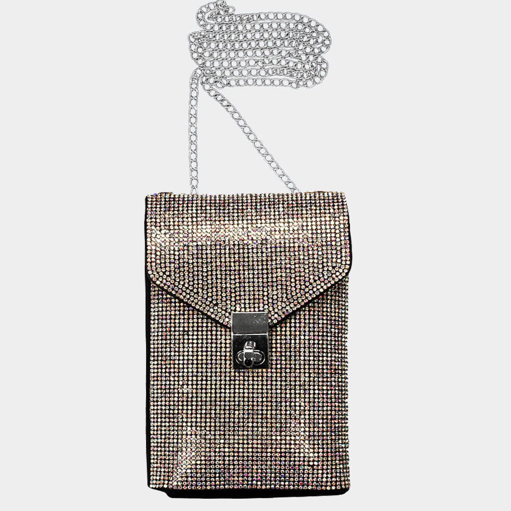 Madeline Love Clear, Gold Bling Studded Rectangle Flap Crossbody Cellphone Bag - Bags & Wallets - extra