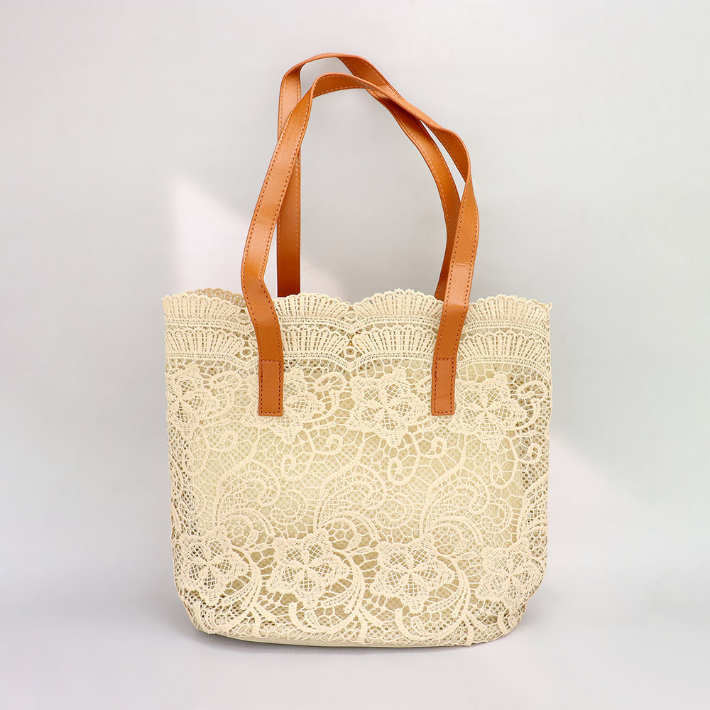 Madeline Love Beige Flower Lace Tote Bag / Shoulder Bag - Bags & Wallets