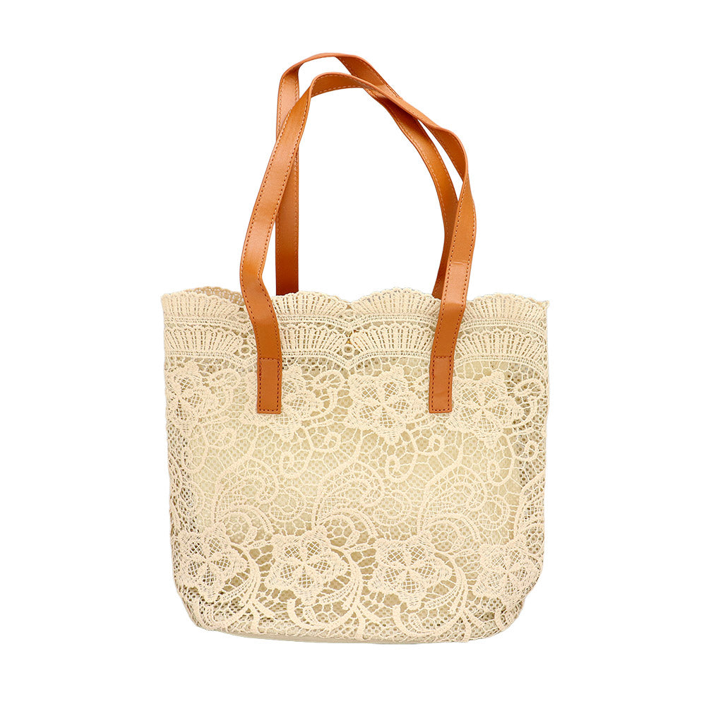 Madeline Love Beige Flower Lace Tote Bag / Shoulder Bag - Bags & Wallets - desc
