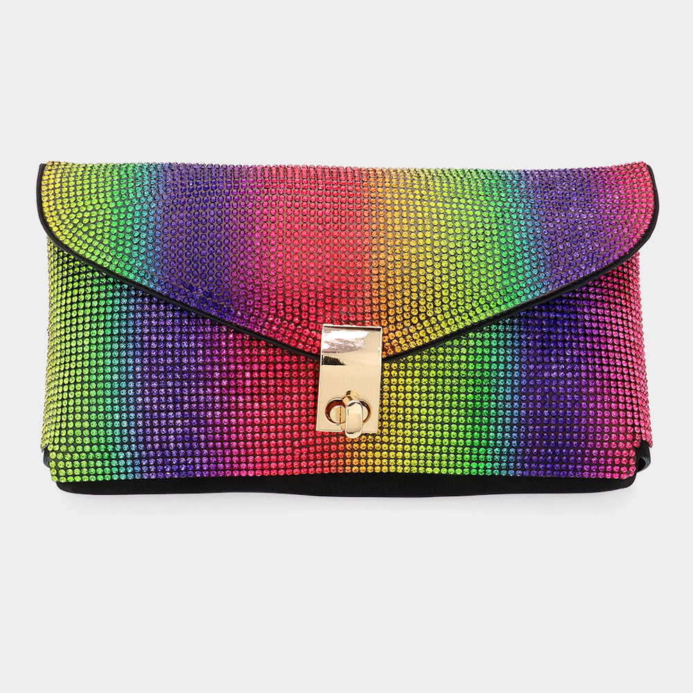 Madeline Love Gold, Multi Bling Studded Envelope Belt Bag / Crossbody Bag - Bags & Wallets - desc