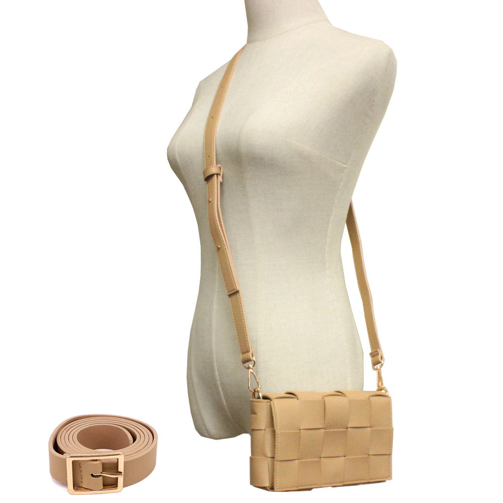 Madeline Love Beige Faux Leather Woven Crossbody / Fanny Pack / Belt Bag - Bags & Wallets - desc