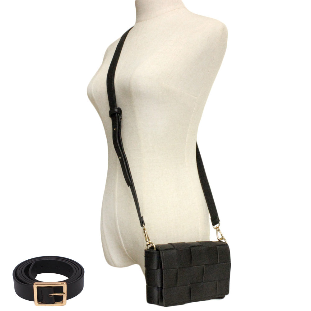 Madeline Love Black Faux Leather Woven Crossbody / Fanny Pack / Belt Bag - Bags & Wallets - desc