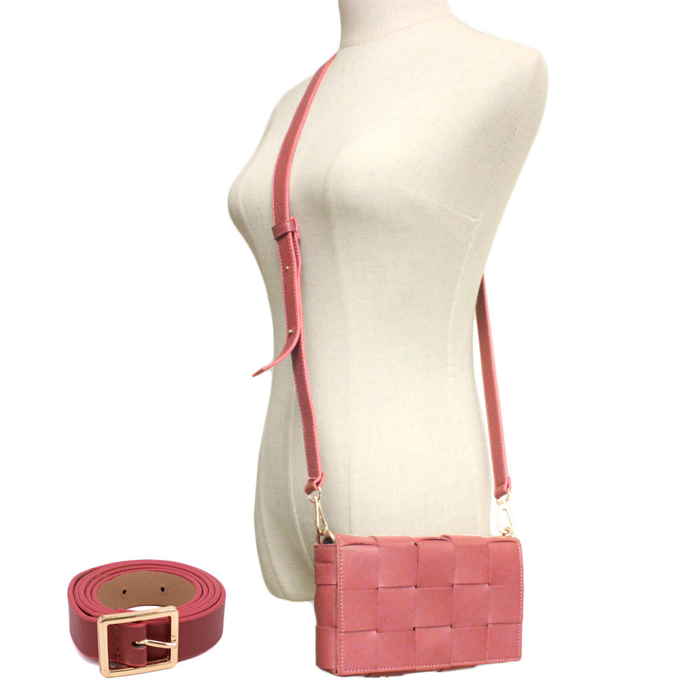 Madeline Love Pink Faux Leather Woven Crossbody / Fanny Pack / Belt Bag - Bags & Wallets - extra