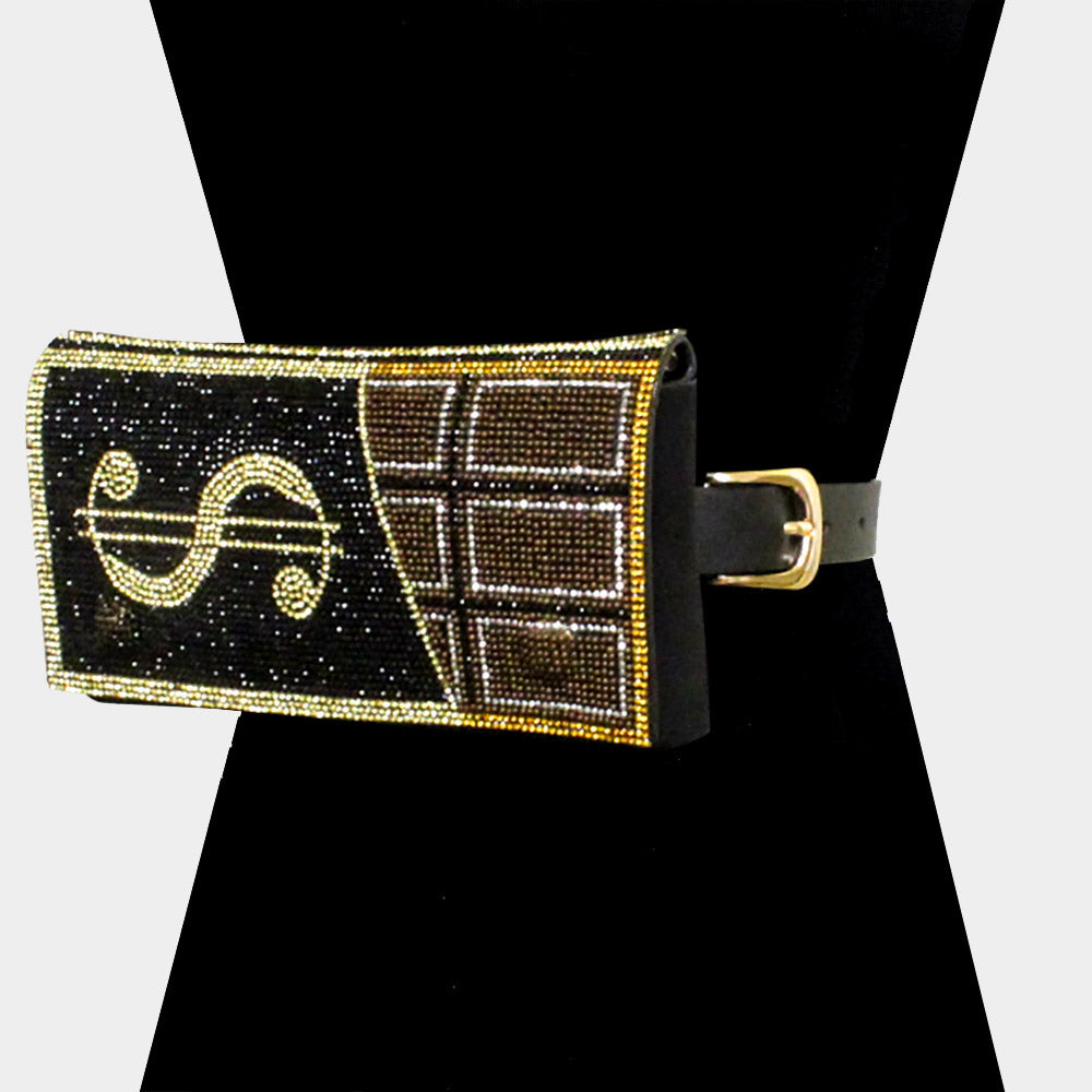 Madeline Love Black Bling Dollar Sign Chocolate Fanny Pack / Belt / Crossbody Bag - Bags & Wallets