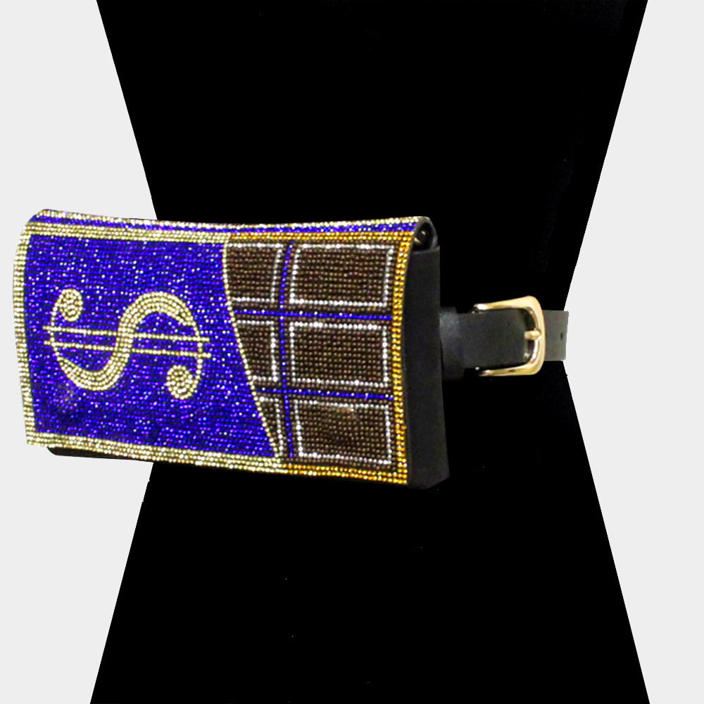 Madeline Love Blue Bling Dollar Sign Chocolate Fanny Pack / Belt / Crossbody Bag - Bags & Wallets