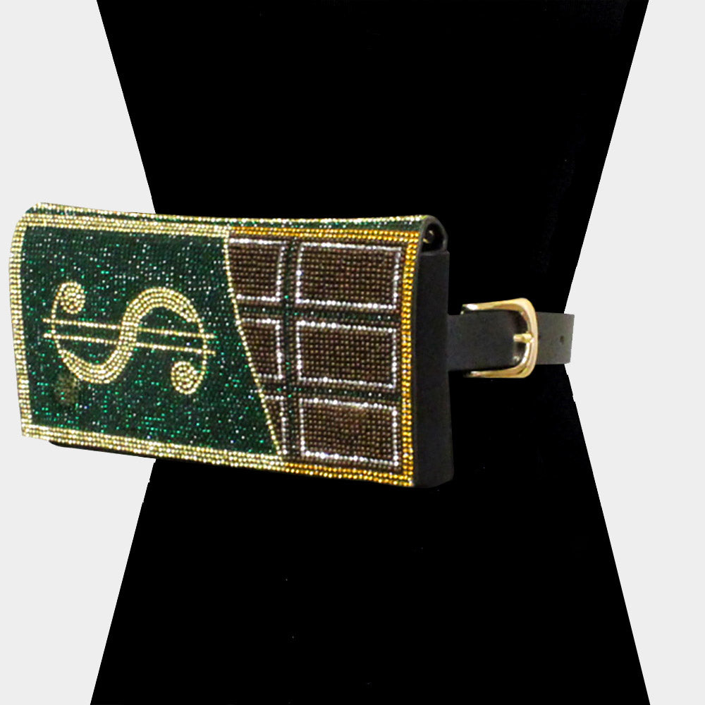 Madeline Love Green Bling Dollar Sign Chocolate Fanny Pack / Belt / Crossbody Bag - Bags & Wallets