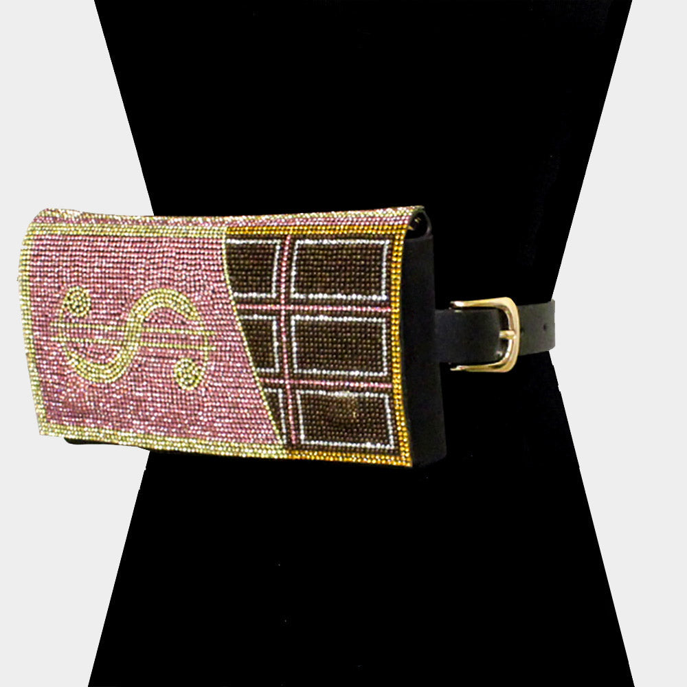 Madeline Love Pink Bling Dollar Sign Chocolate Fanny Pack / Belt / Crossbody Bag - Bags & Wallets