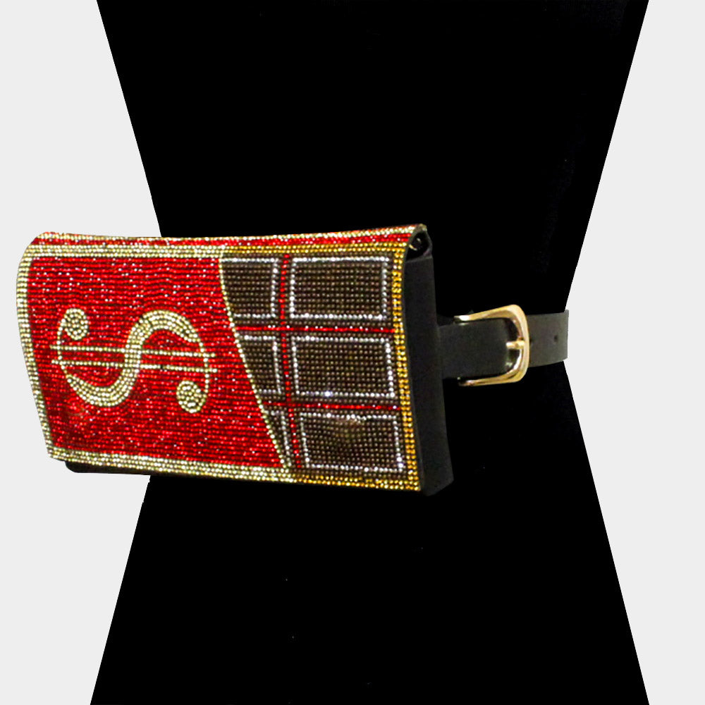 Madeline Love Red Bling Dollar Sign Chocolate Fanny Pack / Belt / Crossbody Bag - Bags & Wallets