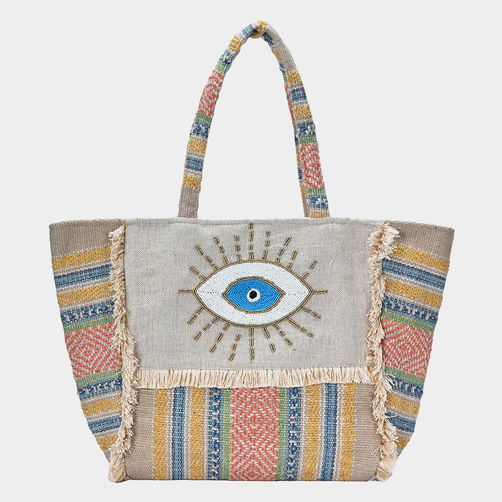 Madeline Love Multi Evil Eye Seed Beaded Pointed Fringe Trim Ethnic Jute Tote Bag - Bags & Wallets