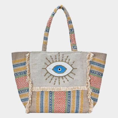 Madeline Love Multi Evil Eye Seed Beaded Pointed Fringe Trim Ethnic Jute Tote Bag - Bags & Wallets